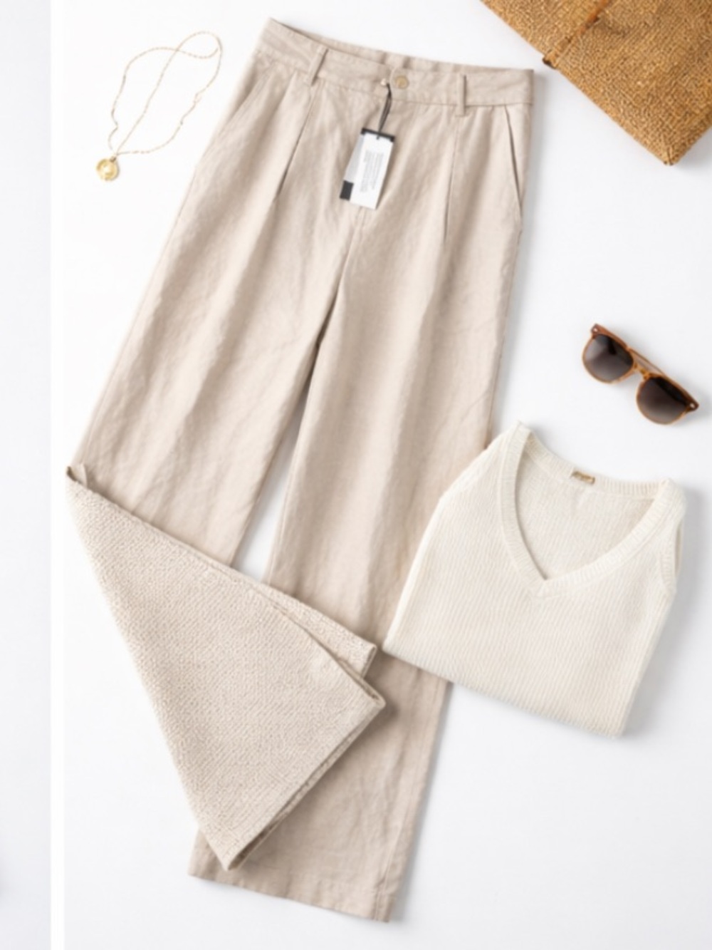 Gabby Isabella Linen Pants Wide Leg Beige High Rise Pleated Lightweight Summer